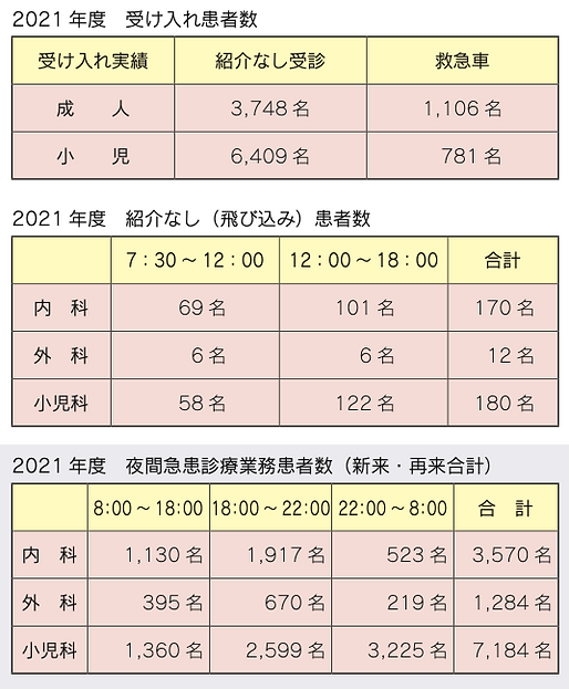 受け入れ患者数　飛び込み患者数　夜間患者数